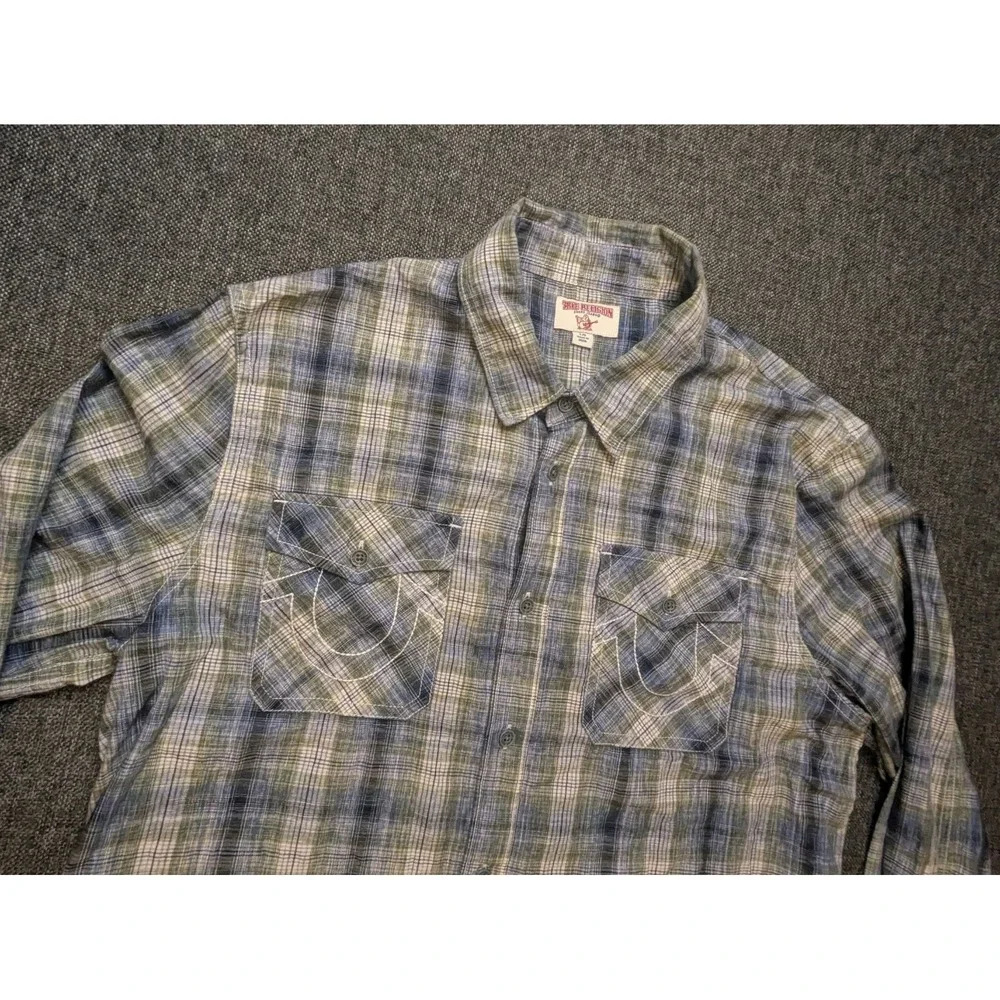 True Religion Button Up Shirt Mens Large Plaid Western Cowboy Collared L Tee